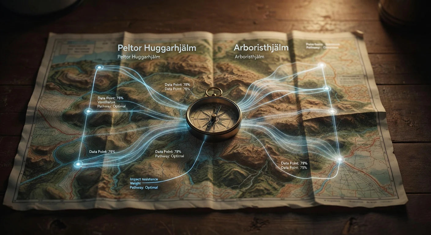 Professional header image for comparison analysis: Peltor Huggarhjälm vs Arboristhjälm: Jämförelse