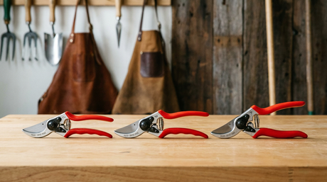 Felco 2, Felco 6 och Felco 7 sekatörer på arbetsbänk — köpguide