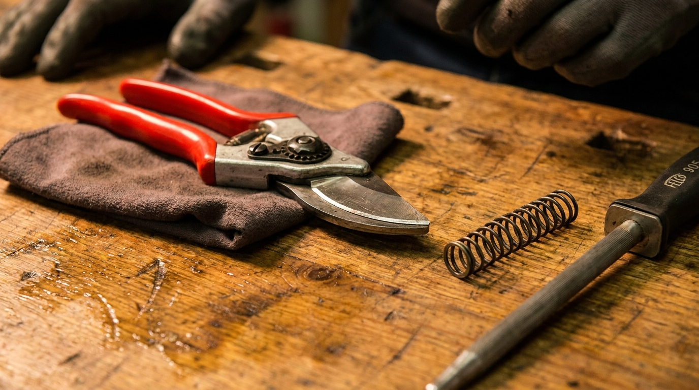 Felco-sekatör isärtagen med blad, fjäder och Felco 905 slipstål — underhåll