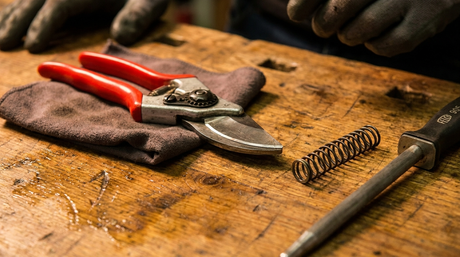Felco-sekatör isärtagen med blad, fjäder och Felco 905 slipstål — underhåll