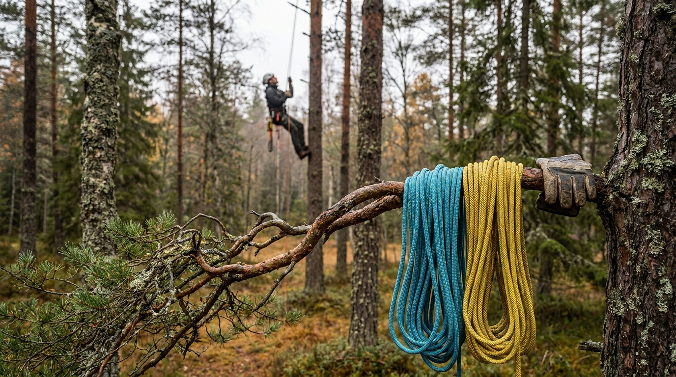 Klätterrep för arborister upphängda på gren i svensk skog, klättrare i bakgrunden